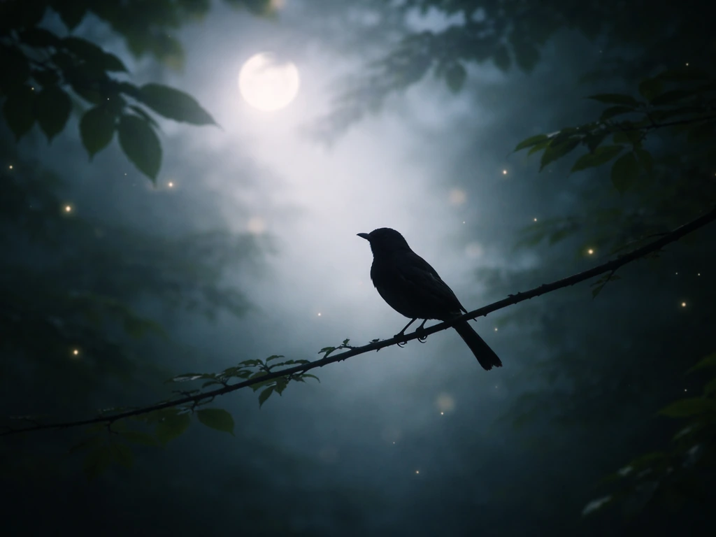 Nightingale silhouette perched on a branch in moonlit greenery, serene spiritual night mood.