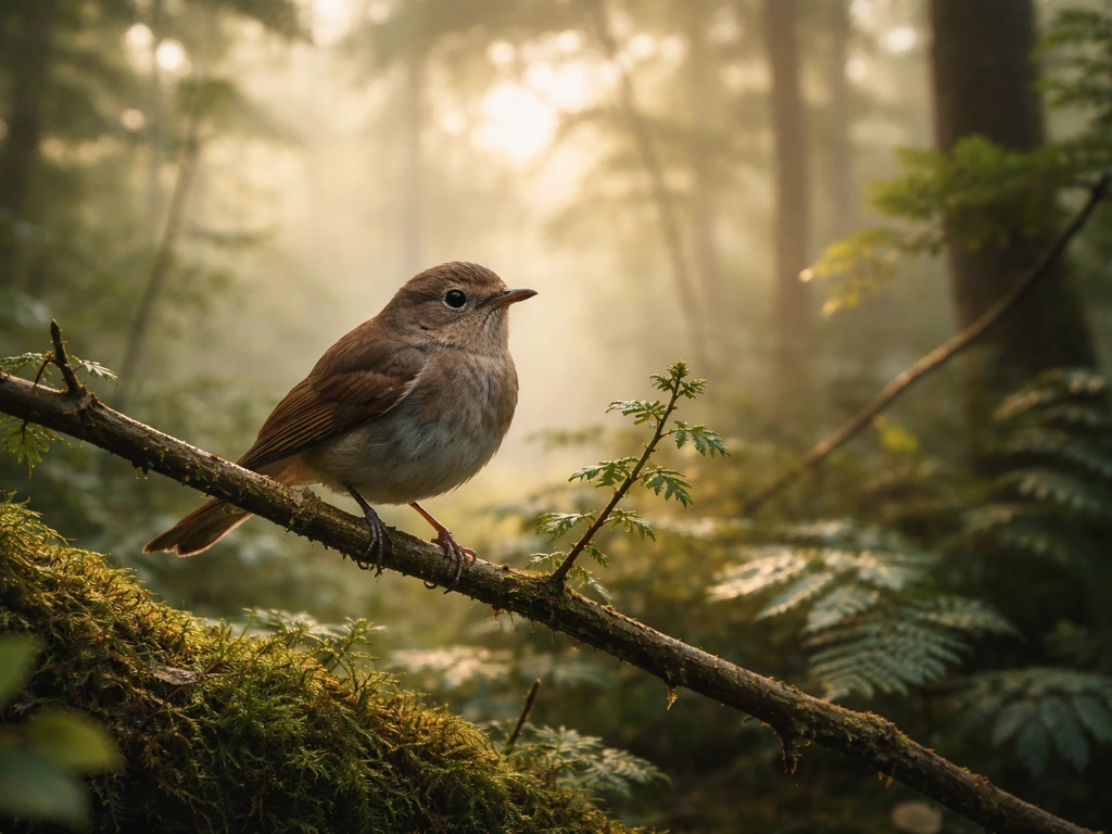 A nightingale perched among ferns and moss in a misty dawn forest, softly lit and serene.