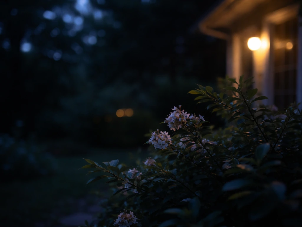 Moonlit garden at night with faint warm light on leaves, suggesting a hidden nightingale nearby.