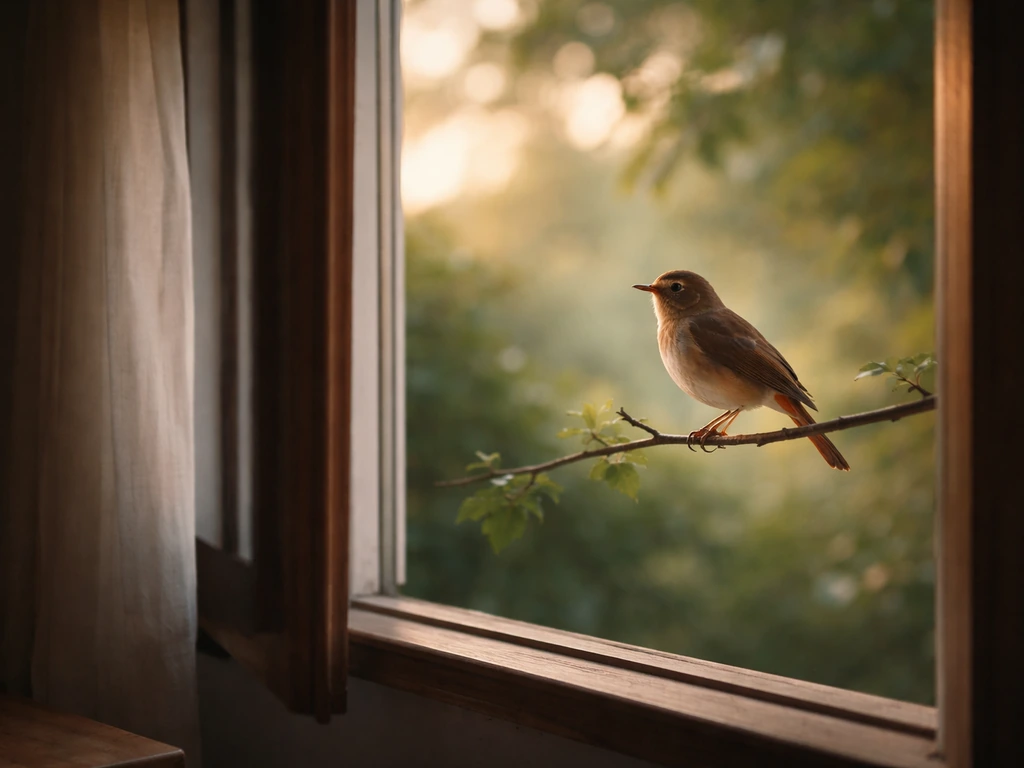 A nightingale perched by a window, suggesting it repeatedly returns to the same spot.