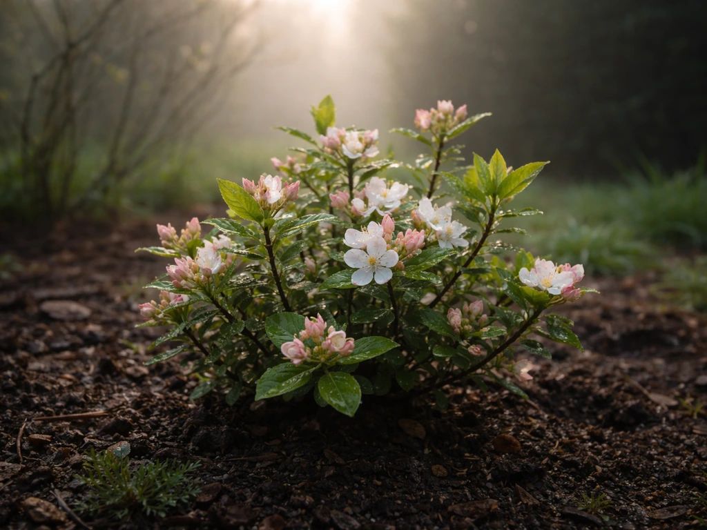 Early spring garden with fresh blossoms and dew in soft morning mist, symbolizing new beginnings.