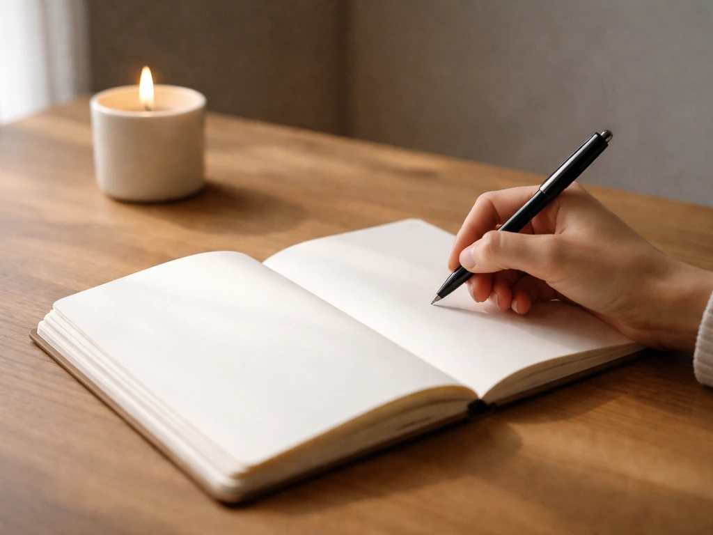 Hand writing in an open journal beside a lit candle on a wooden desk, reflecting quietly.