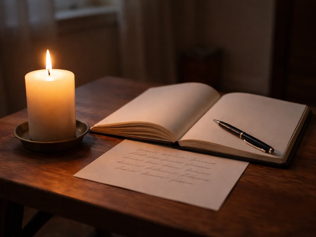 Lit candle beside an open journal and pen, with a handwritten intention on paper in a quiet evening setting.