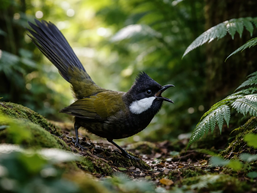 Whipbird in a lush forest understory, captured mid-alert posture amid dappled sunlight.
