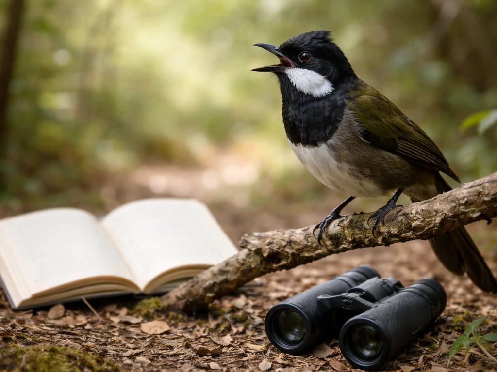 Close-up of a whipbird-like bird perched beside a small field guide scene for identifying similar calls.