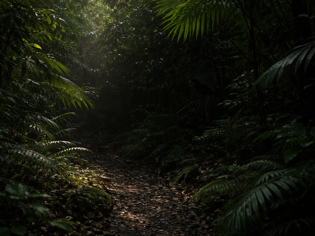 Dense rainforest path with a hidden bird shape in shadow, suggesting sound-only presence
