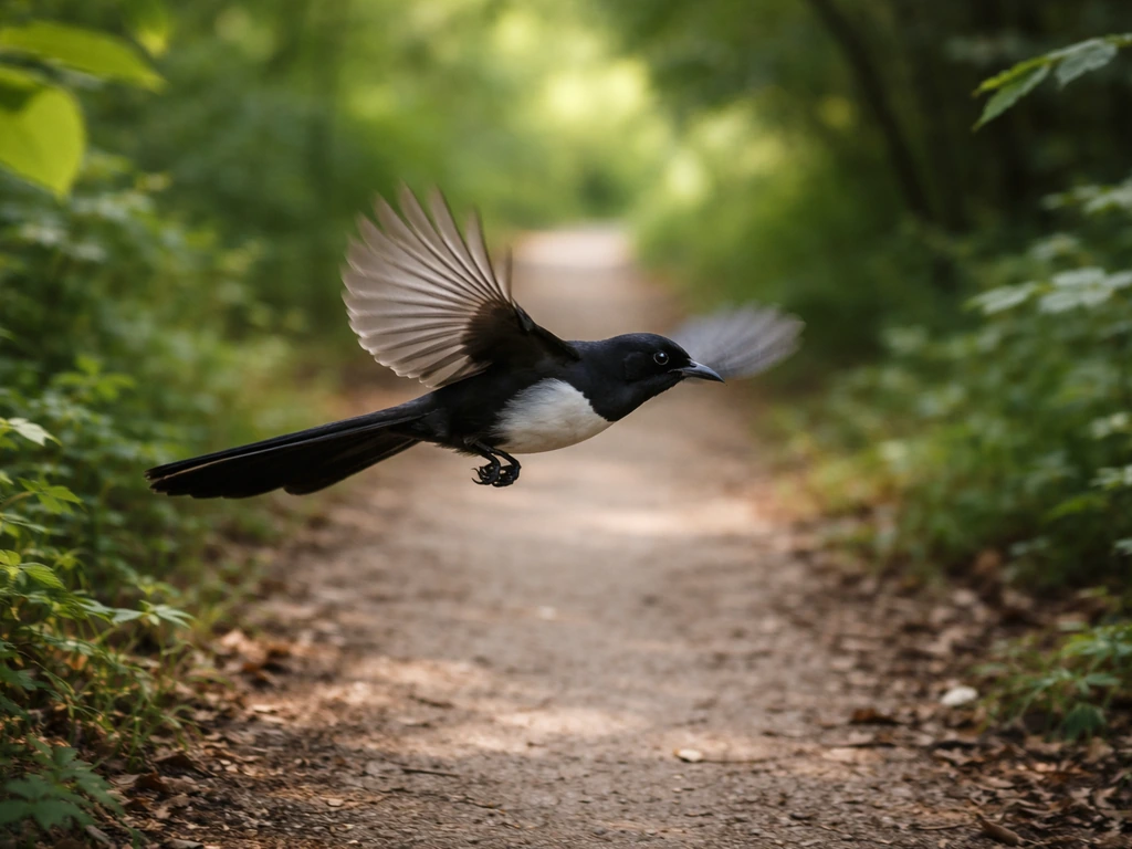 A whipbird mid-flight crossing a quiet trail walkway, blurred background suggesting motion and crossroads energy.