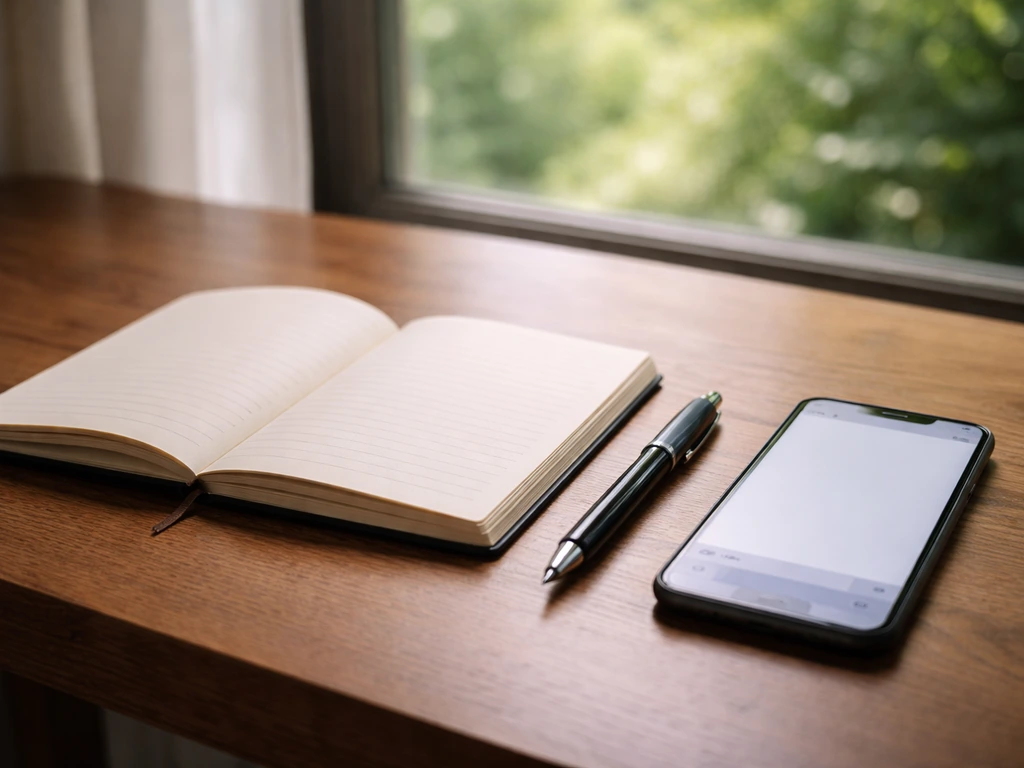 Open notebook with pen and a phone showing an unsent message draft, by a window with soft greenery light.