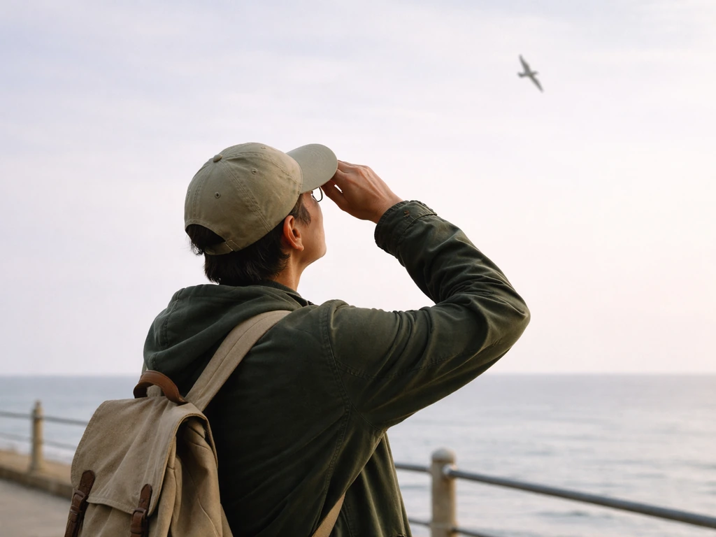 Anonymous person on a seaside promenade looking up at a soaring seagull in the morning sky.