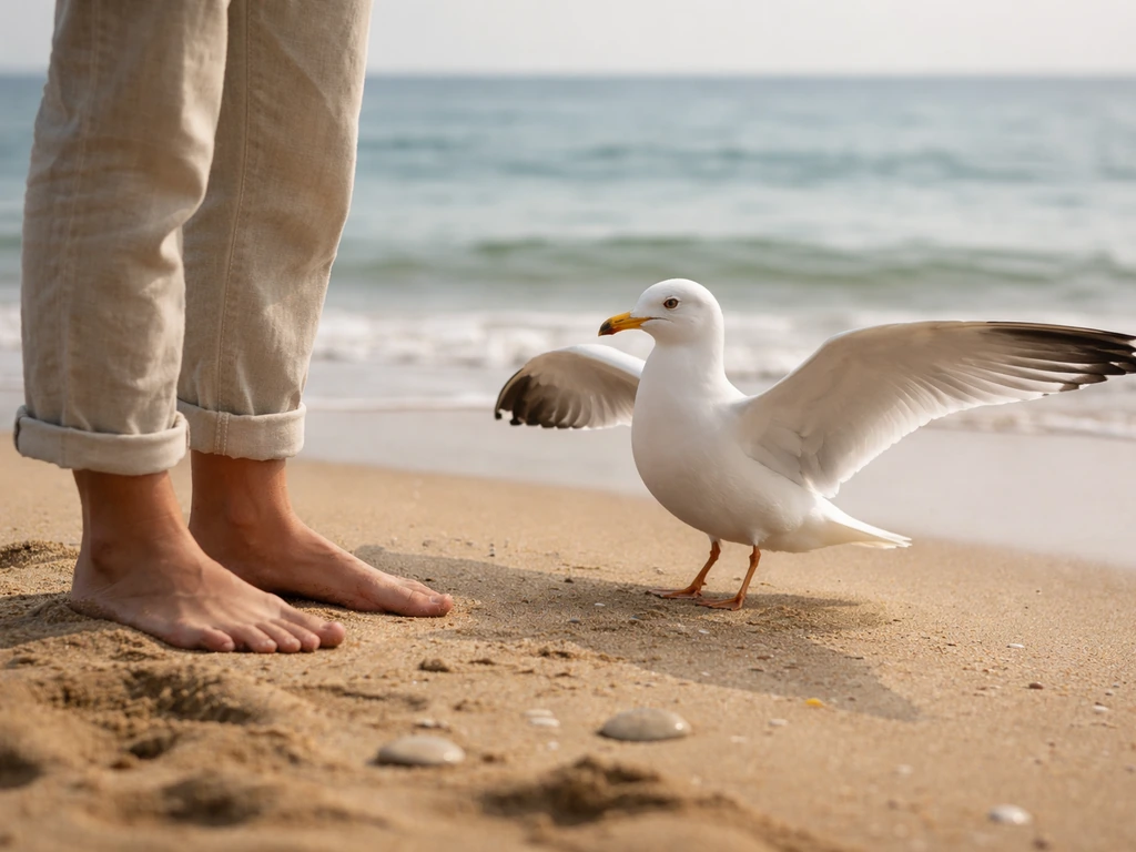 A calm seagull lands on the sand beside a person’s legs on a quiet beach.