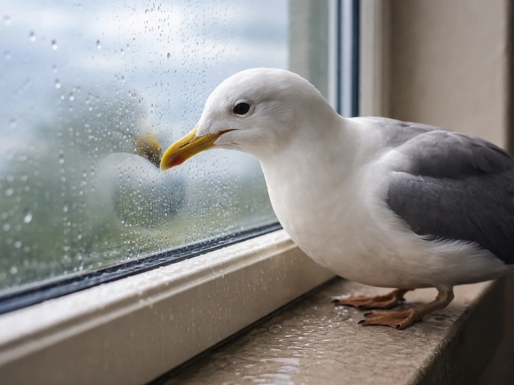 A seagull taps a windowpane from outside, with the glass and sky visible.