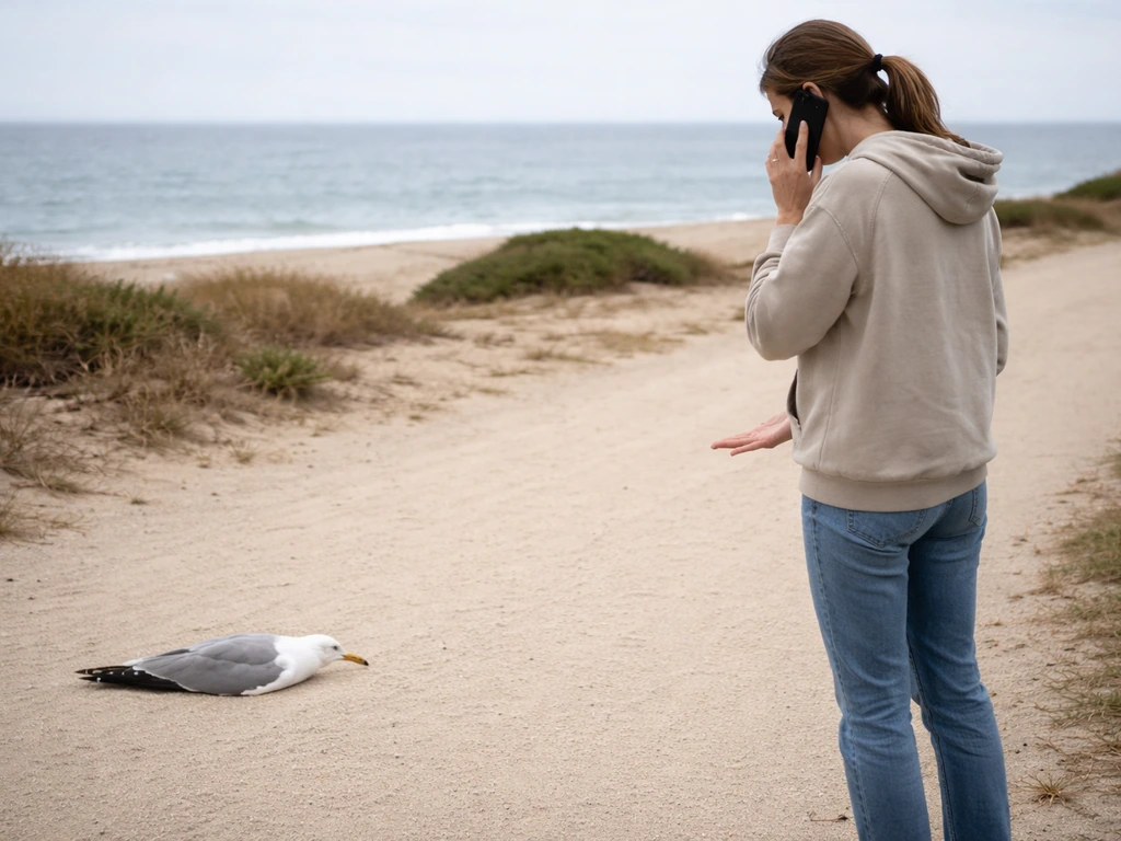 Person at a safe distance observing a seagull on the ground and calling for help