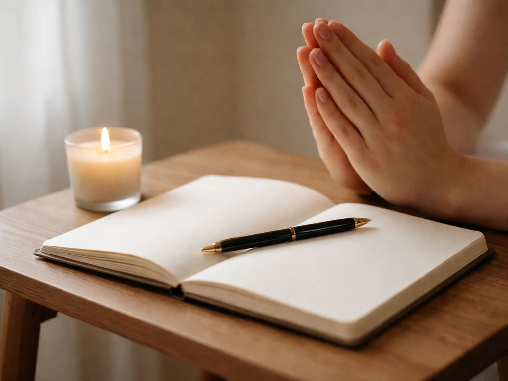 Hands in prayer beside an open journal and pen with a small candle on a quiet table