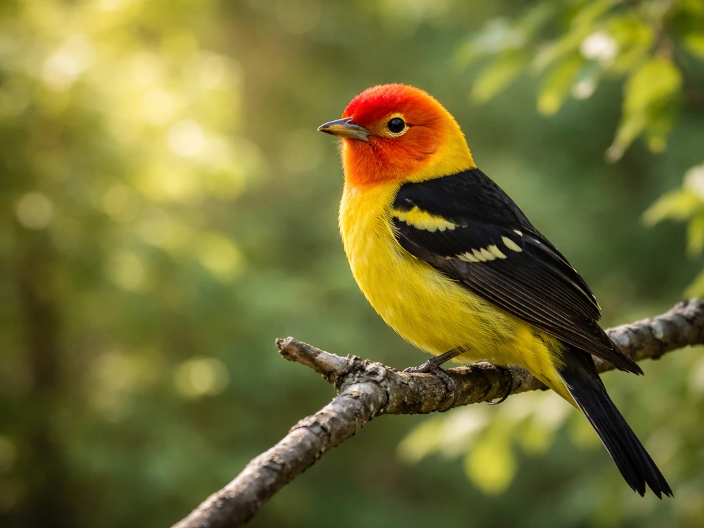 Bright western tanager perched in a sunny tree, showing red head and yellow body in natural light.