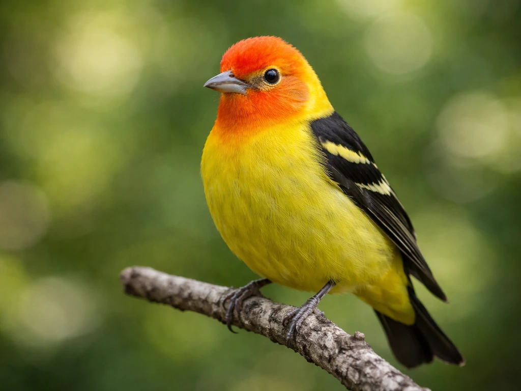 Male western tanager close-up on a branch showing vivid yellow body, black wings, and red-to-orange head.