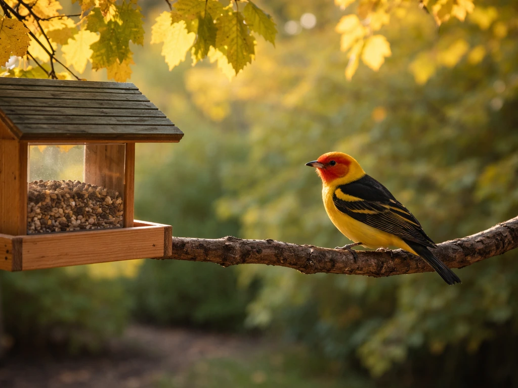 Western tanager perched near a bird feeder, seen at different times of day in one simple backyard scene.