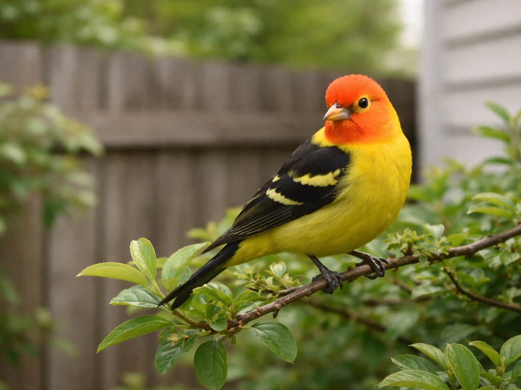 Western tanager perched on a garden branch near a home fence in warm daylight