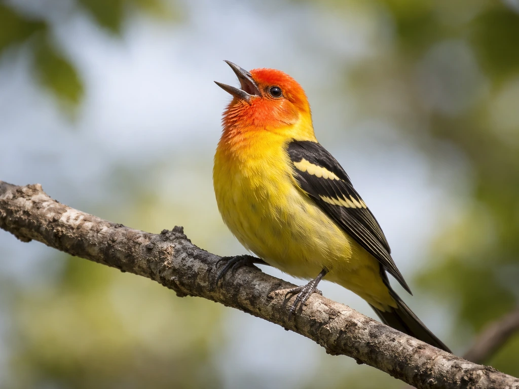 Western tanager perched on a branch, captured mid-song with open beak in soft morning light.