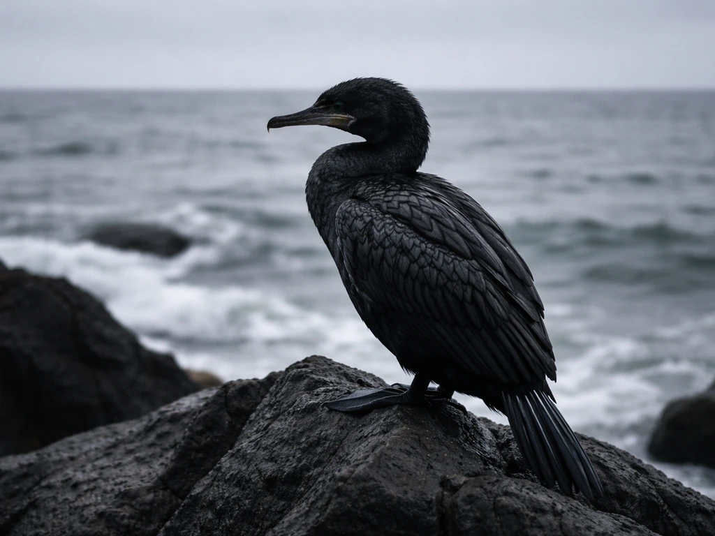 Dramatic all-black cormorant perched on rocky shore with water behind it, conveying depth and diving symbolism.