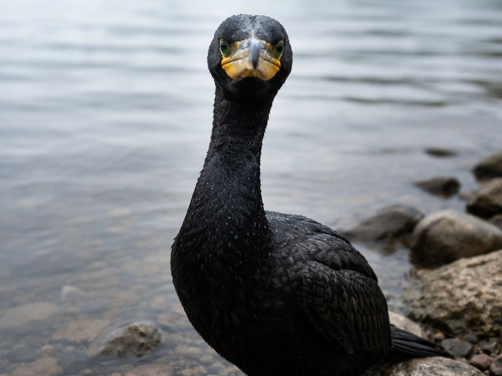 Close-up of an all-black cormorant with a long neck and wet glossy feathers on a shoreline.