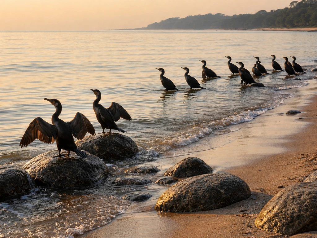 Several cormorants standing along a rocky shore with calm water and soft golden-hour reflections.