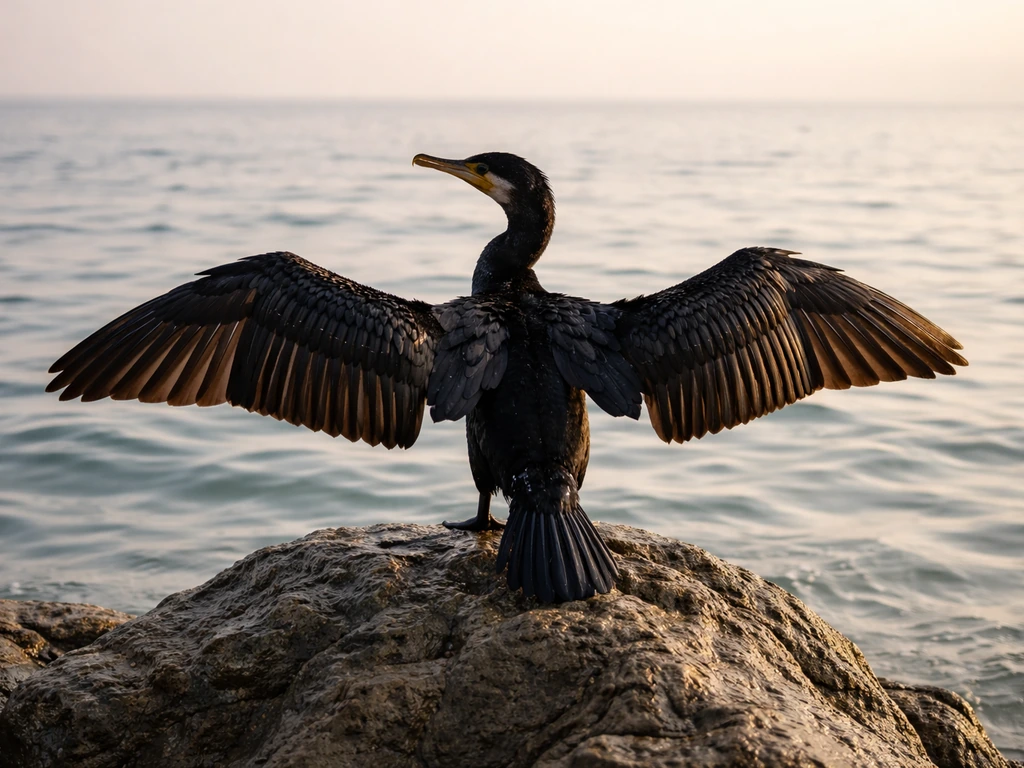 A cormorant perched on a rocky post with wings spread wide, drying in warm sunlight.