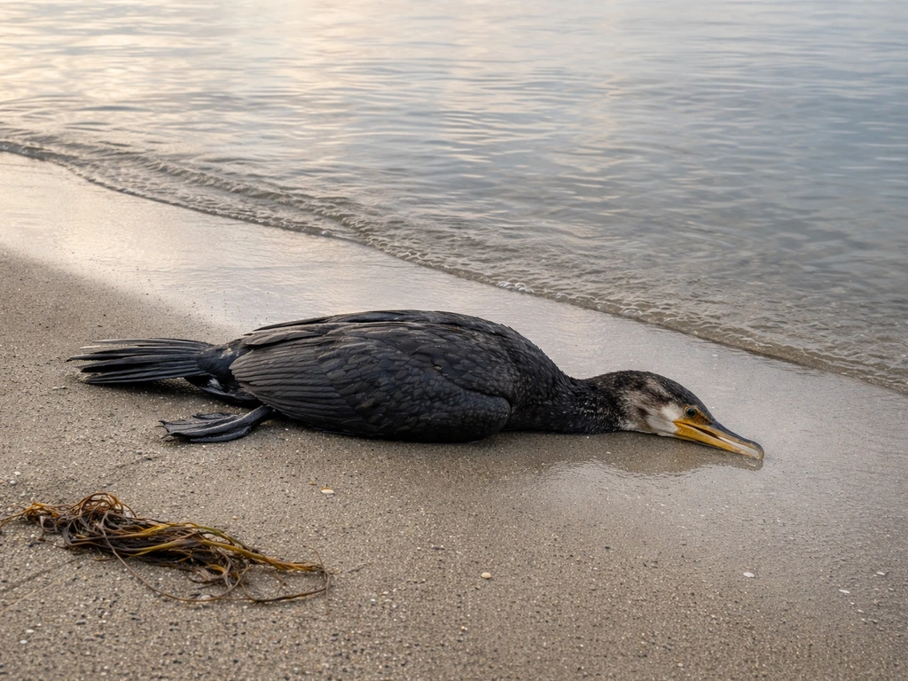 A lifeless black cormorant lies on a quiet sandy shoreline near calm water.
