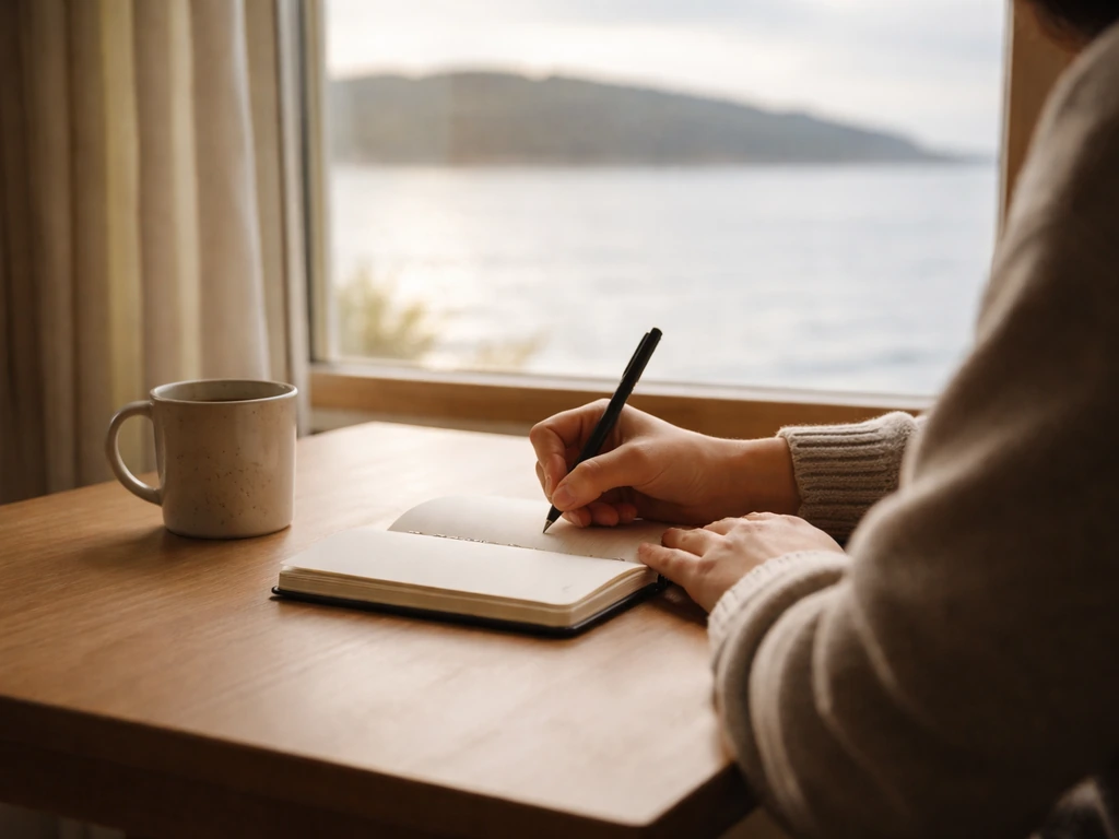 Person journaling by a window with a calm shoreline view, reflecting in a quiet moment.
