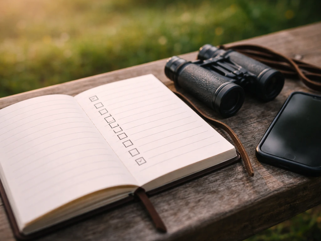 Open notebook checklist page with checkboxes, binoculars and a phone timer outdoors in soft natural light.