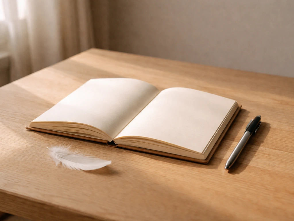 Open journal with a pen beside a small white feather on a calm wooden table