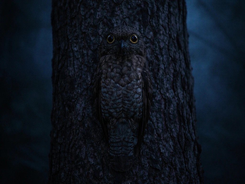 Camouflaged potoo perched motionless on a tree trunk at dusk, watchful eyes glowing in still silence.