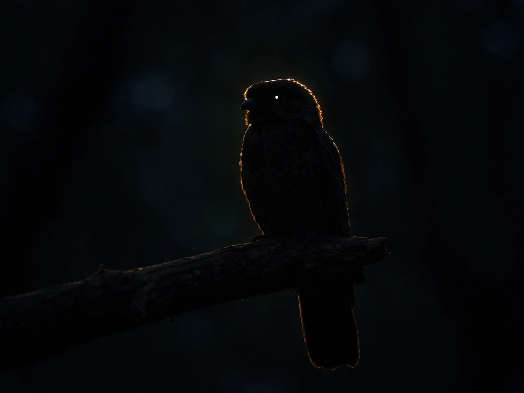 Potoo bird silhouetted at night on a branch, faint reflective eyes against dark forest bokeh.