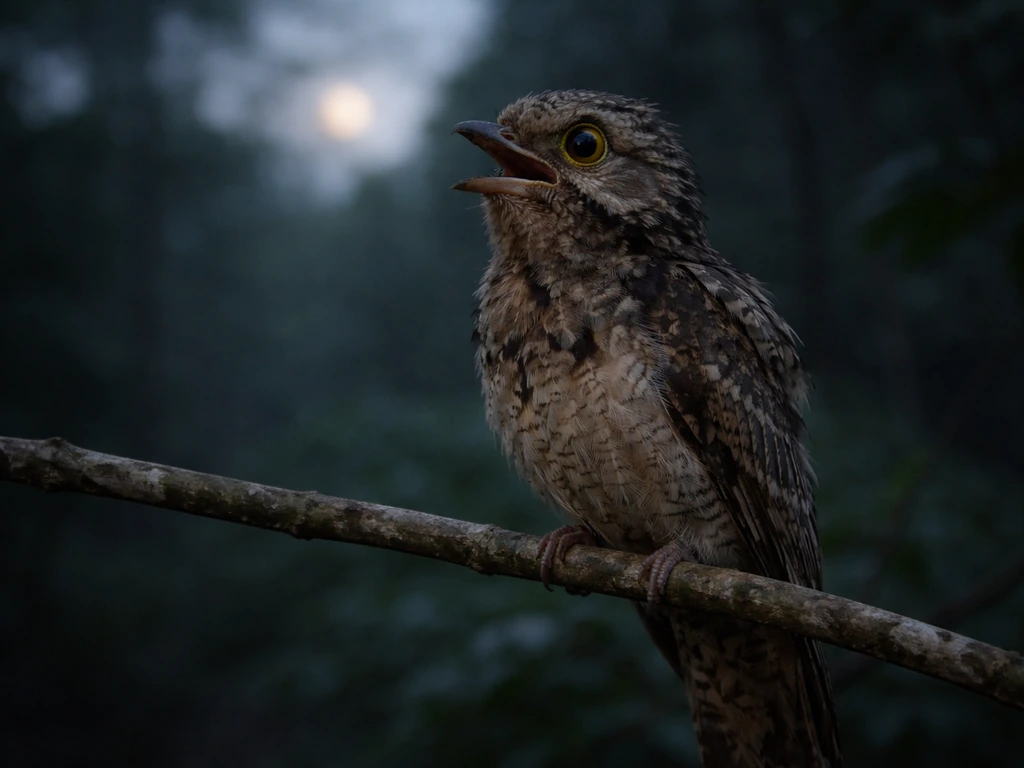 A small potoo on a quiet branch at dusk, mouth slightly open as if calling, with misty night sky behind.