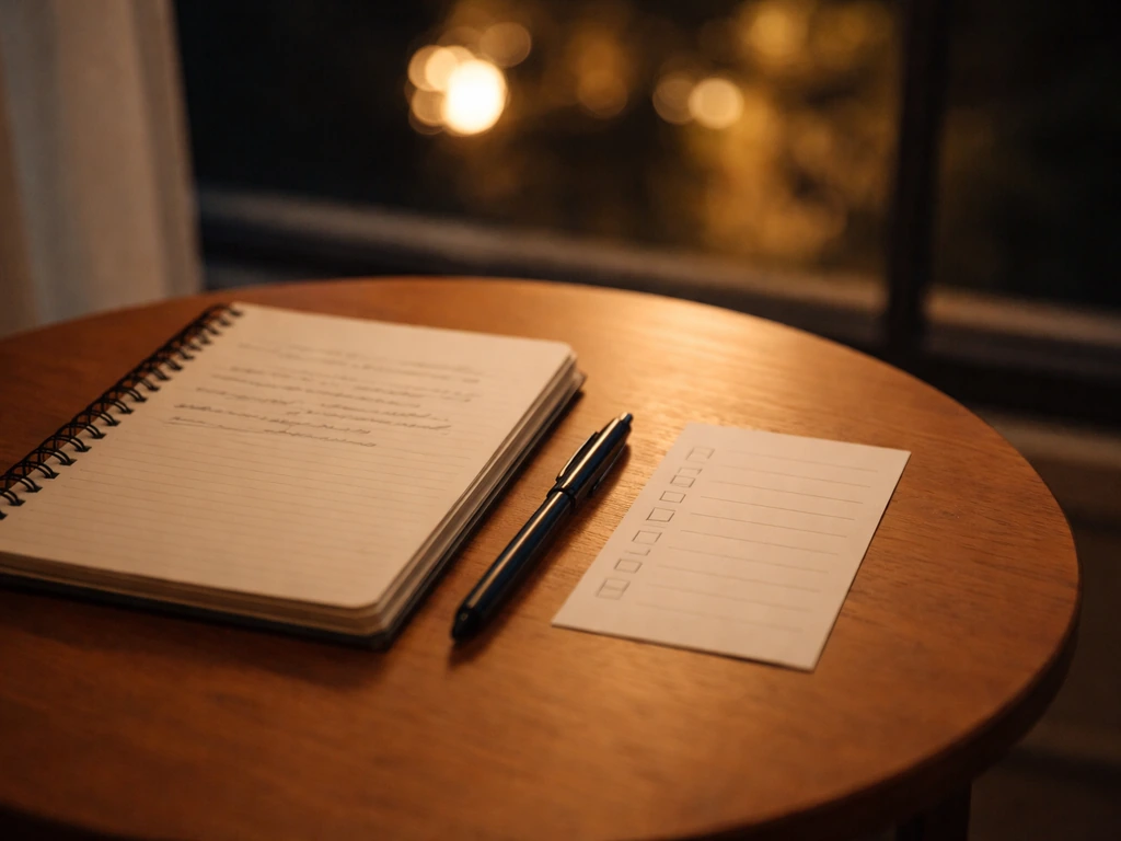 Warm night journaling setup with an open notebook, pen, and a small checklist paper by a window glow.