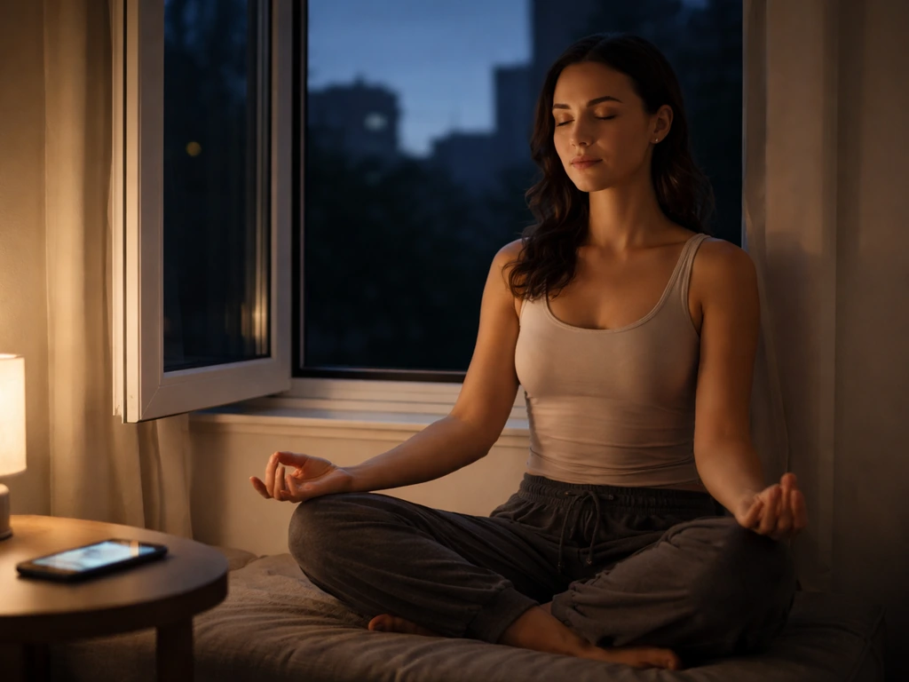 Person seated in still meditation by an open window at night, phone timer glowing softly for 5 minutes