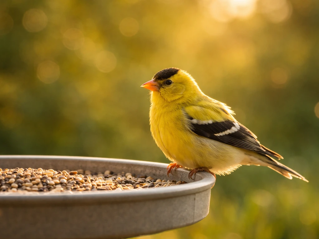 A bright goldfinch perched on a sunlit bird feeder with a hopeful, uplifting natural background.