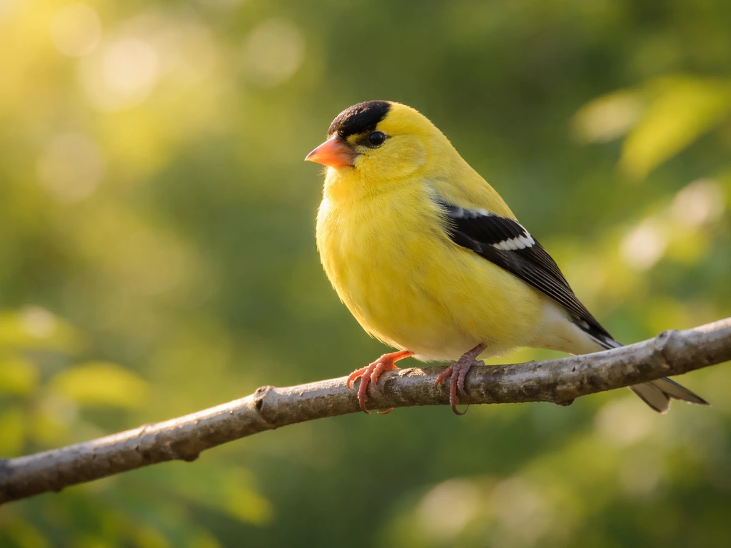 Sunlit close-up of a goldfinch with bright yellow feathers on a twig, evoking joy and hope.