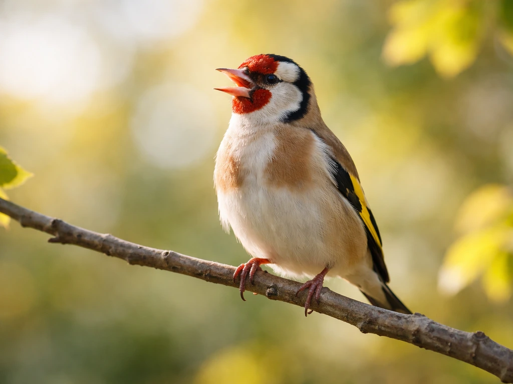 A goldfinch perched on a branch with its beak open, singing in soft morning light.