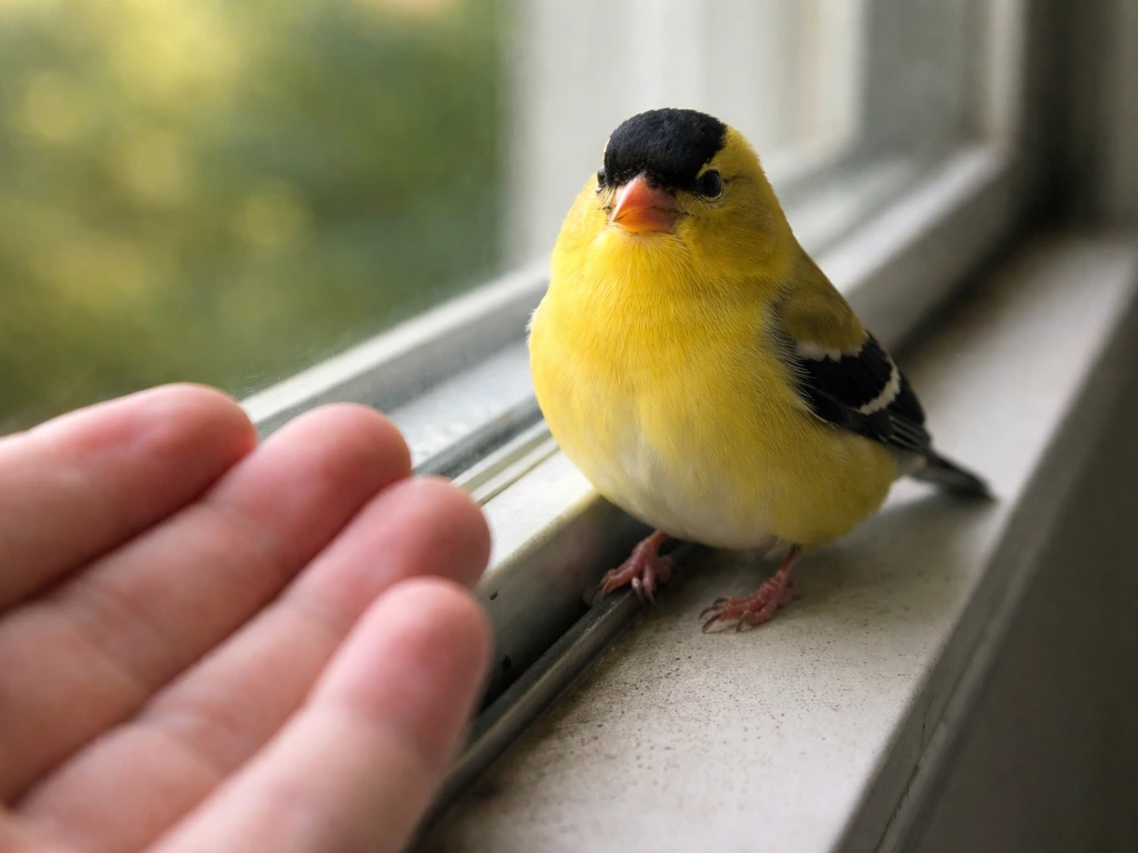 An American goldfinch perches inches from an outstretched hand on a window ledge, alert in natural light.