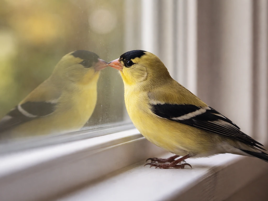 A goldfinch taps a windowpane with its reflection visible in the glass.