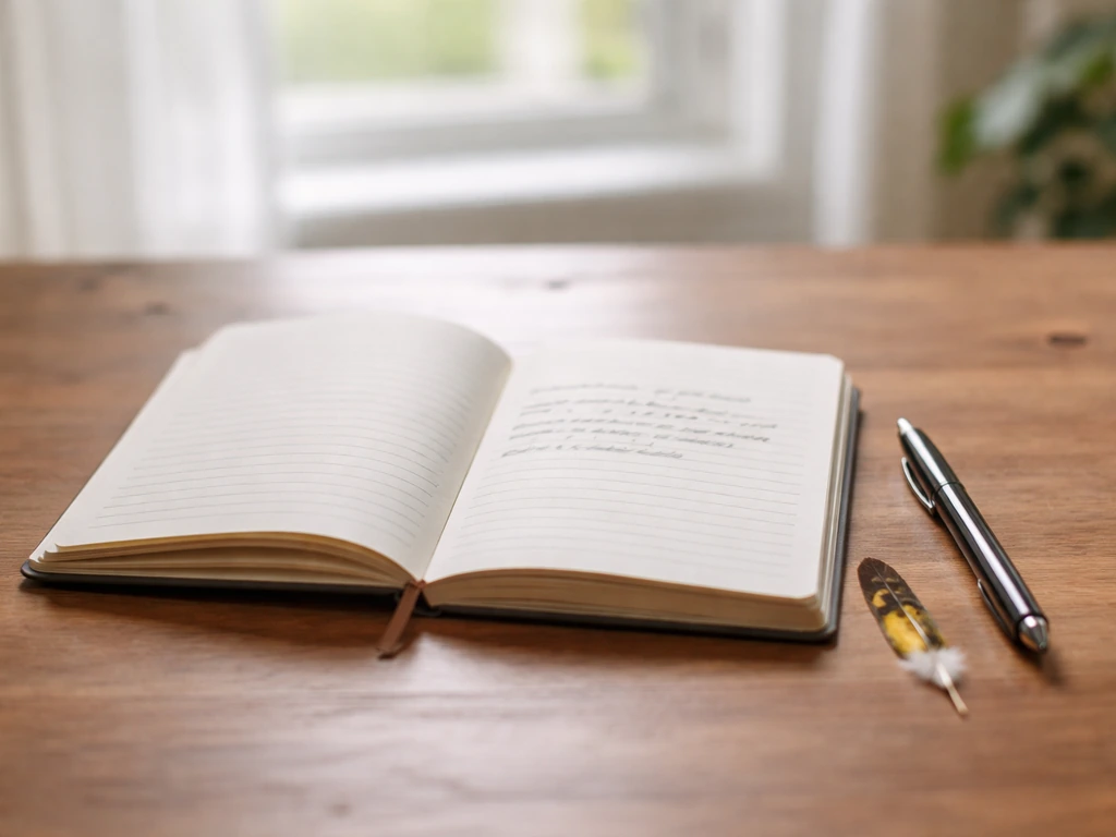 Notebook open with journaling prompts beside a goldfinch feather on a windowsill.