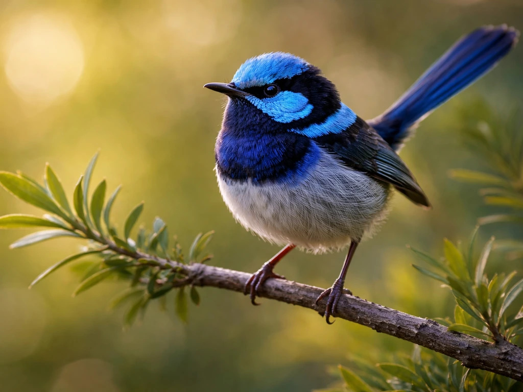 A vivid blue wren perched among native plants, calm and serene in soft natural light.