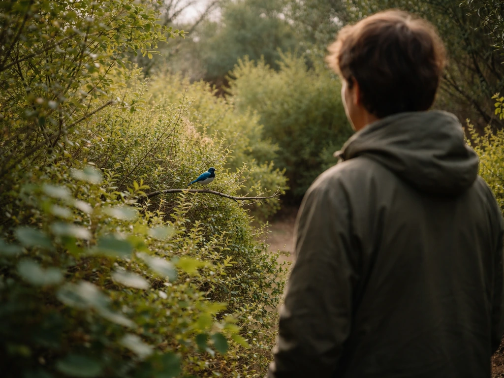 Anonymous person pausing outdoors, looking toward a small blue wren on a low branch.