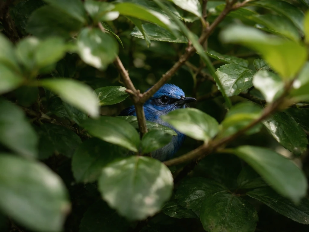 A small blue wren partly hidden in dense green shrub leaves, visible through branch movement