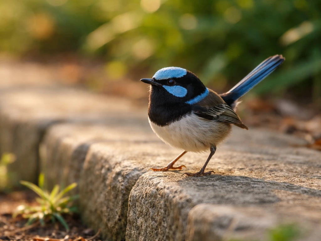 A blue wren confidently hopping on a sunlit path edge, conveying an uplifting mood.