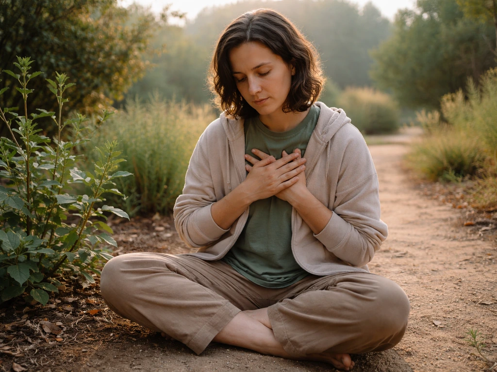 Person sitting quietly outdoors with hands over chest beside native plants in morning light
