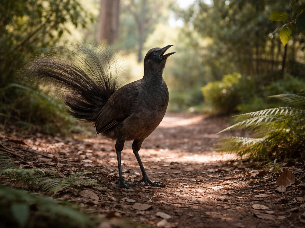 Lyrebird in an Australian bush clearing under dappled light, tail subtly visible mid-performance.