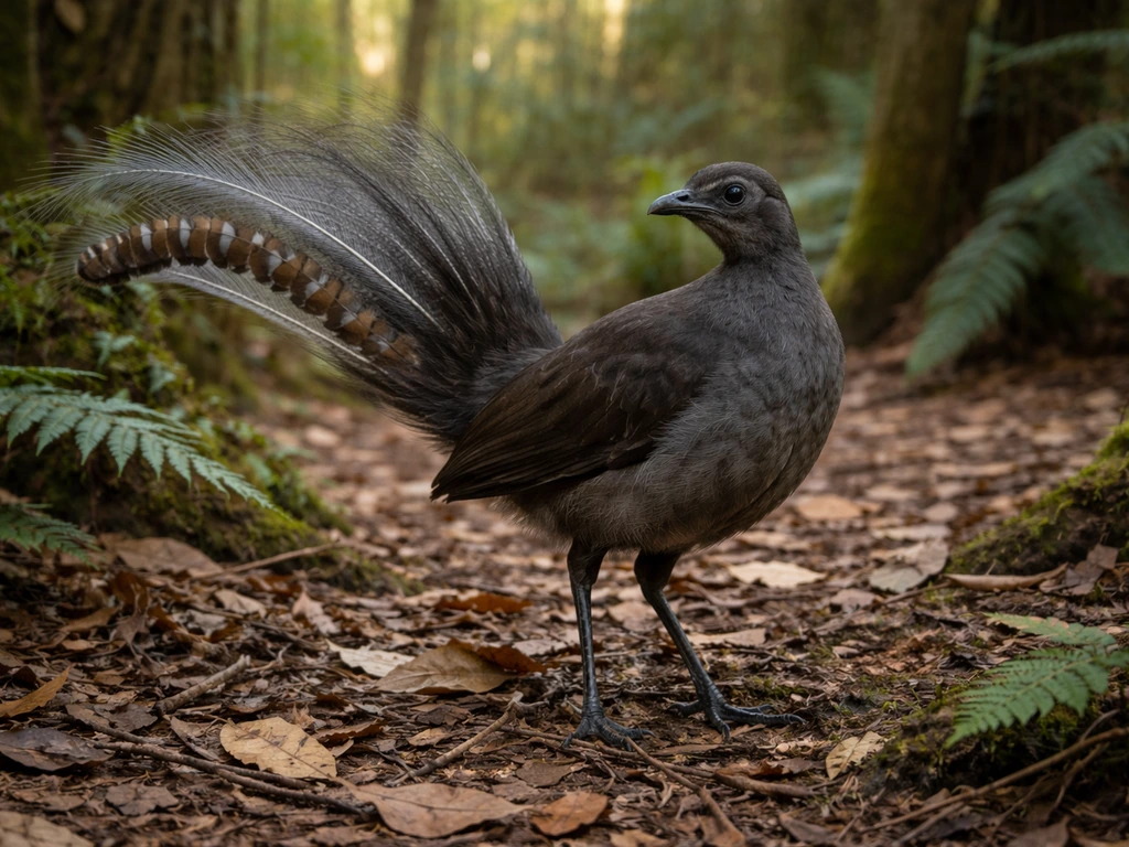 Australian lyrebird displaying in a quiet forest, leaf litter and ferns around it.