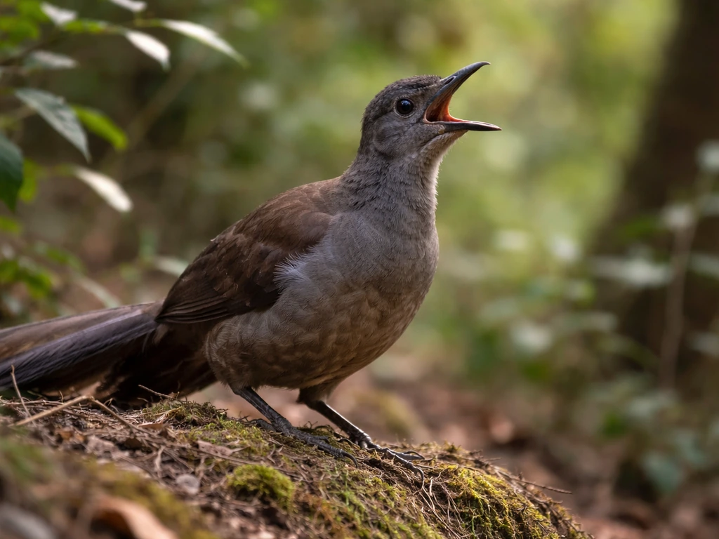 Close-up lyrebird calling loudly with visible throat movement against a blurred bush background.