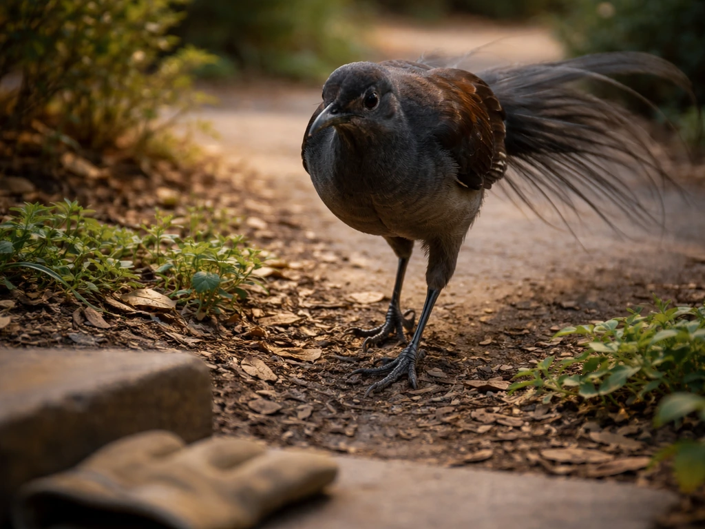 A superb lyrebird cautiously foraging at the edge of a garden path near a human area.